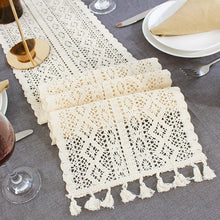 Load image into Gallery viewer, Beige Crochet Lace Table Runner with Tassel Cotton Wedding Decor Hollow Tablecloth Nordic Romance Table Cover Coffee Bed Runners